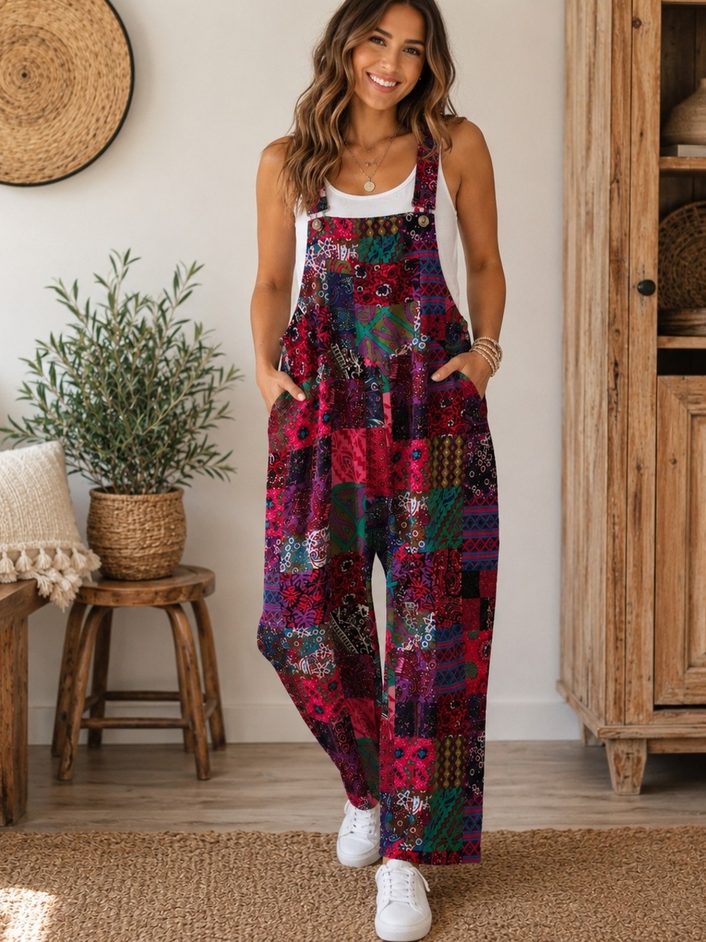 Patchwork Wide-Leg Jumpsuit - Magenta Multi